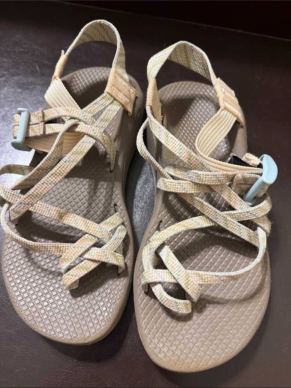 Chaco Tan Sandal Soles with Light Blue Buckle Accent women’s 6